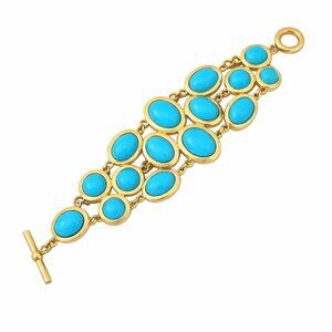 💜 Vintage Gold-Tone Turquoise Blue Oval Bezel Set Toggle Bracelet 7" Long